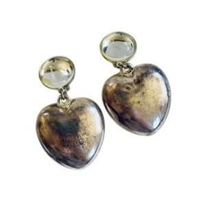 VTG Runway puffy heart distressed‎ silver MOD Earrings chunky dangle clip 2.5"